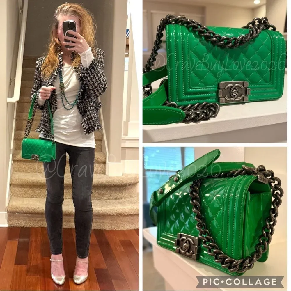 CHANEL BOY BAG QUILTED LEATHER FRONT FLAP C LOGO GUNMETAL CHAIN CROSSBODY - Picture 5 of 17